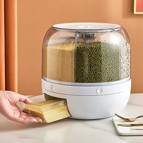 Vista 7 de Kufoo - Contenedor de almacenamiento de arroz y granos de 6 rejillas, dispensador de cereales giratorio de 360° con tapa, resistente a la humedad