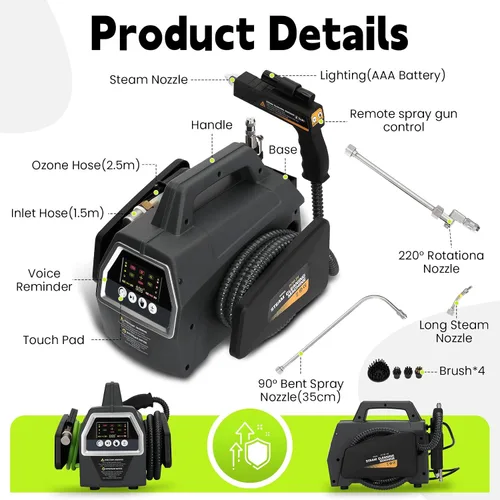 Vista 7 de Limpiador a vapor de alta presión de 2200 W, vaporizador portátil para limpieza, 5 modos de limpieza, calentamiento rápido de 30 segundos, 120 V