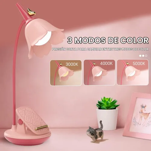 Vista 4 de Lámpara de escritorio rosa con abrazadera, lámpara LED pequeña recargable, cuello de cisne ajustable, regulable, linda para dormitorio de niñas