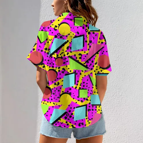 Vista 5 de HUGLAZY Traje de los años 80 para mujer, camisa hawaiana de manga corta neón para fiesta, disfraz retro de los años 90, blusa