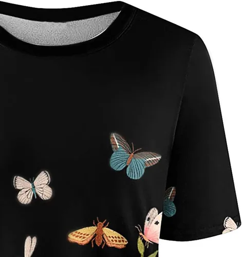 Vista 7 de Long Shirt Women Women's Summer Round Neck Flower Print Short Sleeve T-Shirt Top Blouse Juniors Summer Tops