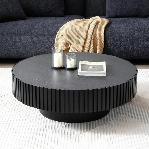 Vista 9 de Mesa de café redonda de 80 cm en madera, mesa de café circular moderna y única, mesa auxiliar contemporánea de roble con forma de tambor y acento