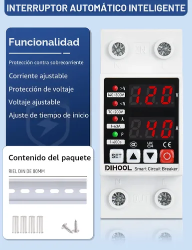 Vista 3 de DIHOOL Protector de voltaje ajustable 110V 220V, corte de bajo/alto voltaje y protección contra sobrecorriente, subvoltaje 70-200V, sobretensión