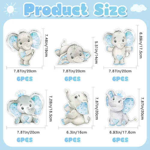 Vista 2 de Tatuo 36 piezas de recortes temáticos de elefantes, decoraciones de baby shower, bonitos recortes de elefante azul para baby shower, fiesta