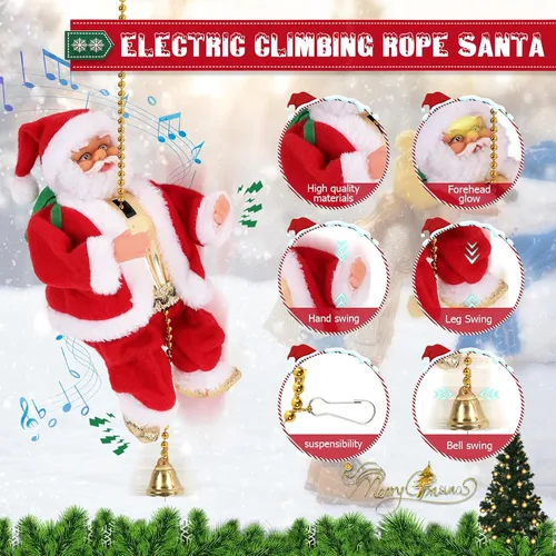 Vista 2 de Gfilay Papá Noel escalador con música, adorno colgante de árbol de Navidad, novedad de Papá Noel escalador en cuerda, decoración navideña, gran