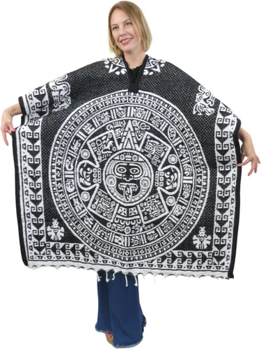Vista 8 de Poncho mexicano azteca para hombres y mujeres Manta reversible Cobija para fiestas, exteriores, senderismo y campamento