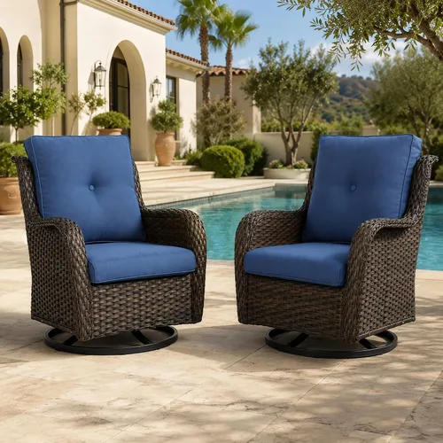 Vista 126 de HUMMUH Juego de 2 sillas giratorias de mimbre para patio, juego de muebles Café/Beige