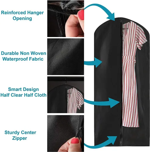 Vista 6 de Bolsa de ropa negra, cubierta de vestido de traje para con un panel transparente transparente para una fácil visualización, Negro
