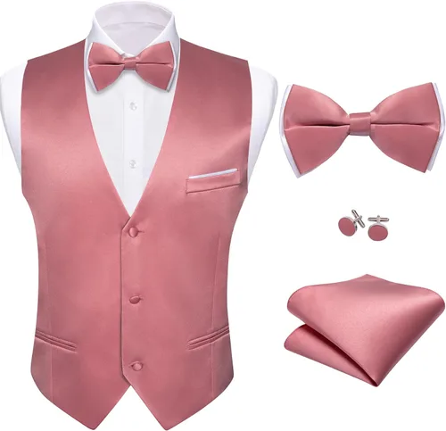 Vista 23 de Barry.Wang Chaleco de traje para hombre, conjunto de corbatín, chaleco A-02-rosa claro