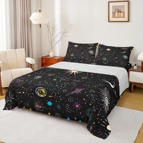 Vista 28 de Erosebridal Juego de sábanas tamaño individual con estampado de luna, diseño de flores de loto, color morado degradado, juego de sábanas orientales