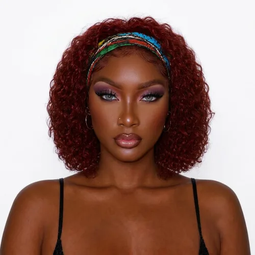 Vista 31 de Punmasa Peluca de cabello humano con diadema de onda profunda 99J de cabello humano para mujer, sin pegamento, sin encaje frontal, hecha a máquina