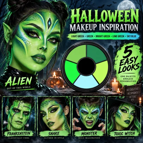 Vista 2 de Paleta de pintura de cuerpo de cara verde Maquillaje de Halloween Kit de Maquillaje verde F