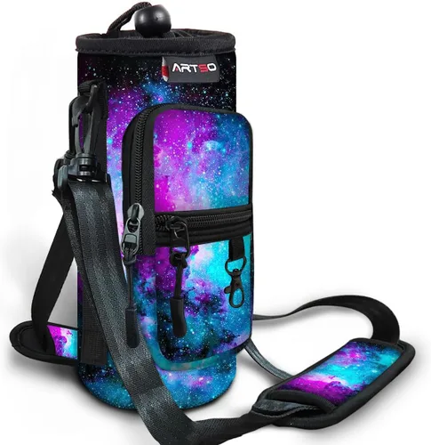 Vista 10 de ARTSO Bolsa de transporte para botella de agua con bolsillo para teléfono, funda de neopreno para botella de agua, bolsa con correa ajustable