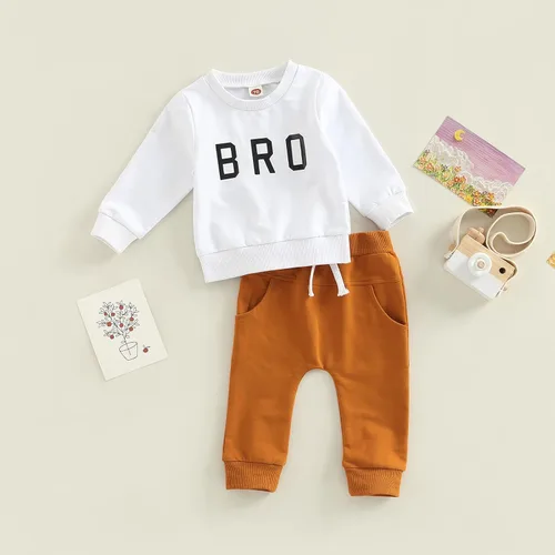 Vista 3 de Zempertoopa Conjunto de ropa para bebés y niñas con estampado de letras, sudadera con pantalones largos sólidos, 2 piezas, para otoño e invierno