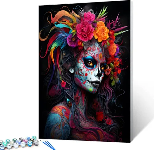 Vista 7 de Pintura por números retrato de niña con sombrero de mago Tucocoo, pintura DIY en lienzo con pinceles, pinturas acrílicas, calabaza de Halloween