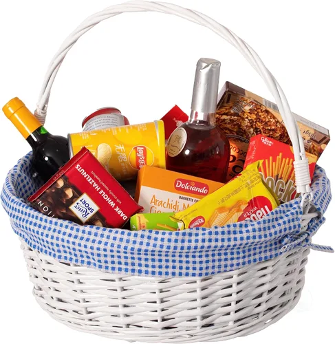 Vista 19 de WICKERWISE Cesta de regalo tradicional de sauce redondo blanco con forro a cuadros y asas resistentes, cesta de almacenamiento de aperitivos