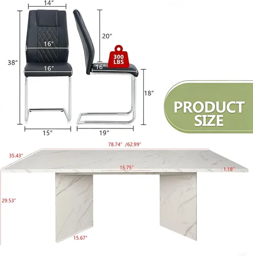 Vista 2 de Juego de mesa de comedor extensible de 63 a 79 pulgadas para 4, juego de mesa de cocina de mármol sintético blanco para 4, juego de mesa de comedor