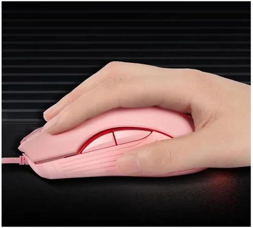 Vista 6 de CORN Ratón USB con cable para juegos, 2400 DPI, 4 niveles ajustables, mouse ergonómico para PC/computadora de escritorio/portátil, gato rosa
