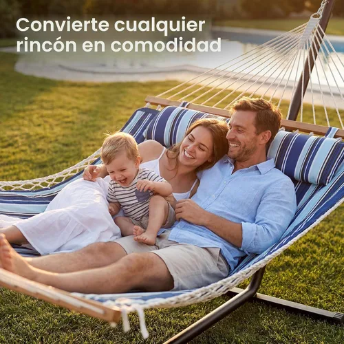 Vista 3 de Everyfun - Hamaca para 2 personas al aire libre con soporte, hamaca de cuerda de algodón con almohadilla de poliéster, estructura de acero