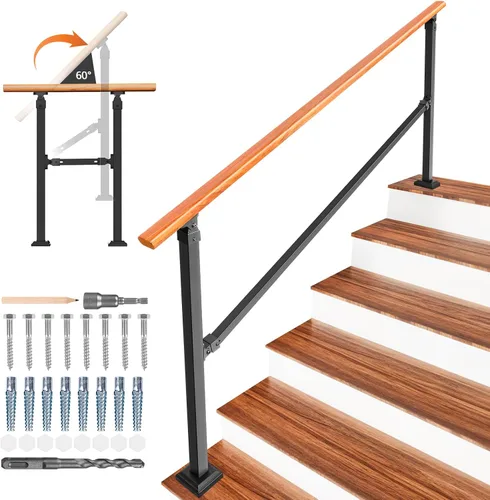 Vista 13 de Kit de pasamanos de escalera al aire libre UOKRR, pasamanos de hierro con grano de madera para interior, se adapta a 1-2 escalones