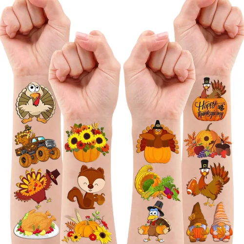 Vista 4 de Tatuajes temporales de Feliz Acción de Gracias, Hola Otoño Otoño Decoración de Fiesta de Cumpleaños Suministros Favores Decoración 96 Piezas Lindas
