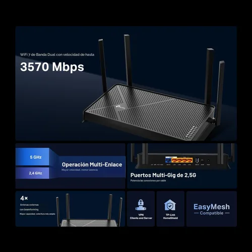 Vista 3 de TP-Link Dual-Band BE3600 Wi-Fi 7 Router Archer BE230 4-Stream Puertos 2×2.5G + 3×1G, USB 3.0, Quad Core de 2.0 GHz, 4 Antenas VPN, EasyMesh