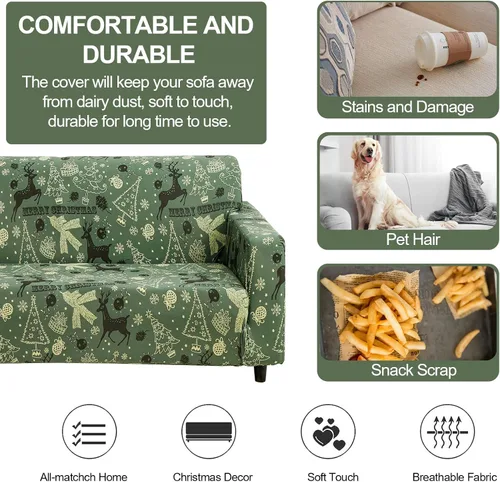Vista 5 de Funda de sofá de Navidad Verde, Funda Elástica para Sofá, Funda Deslizante para Sofás y Sofás de Dos Plazas, 1 Pieza, Funda Temática Navideña
