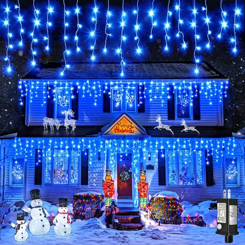 Vista 14 de Luces de Navidad de carámbano para exteriores, 66 pies, 640 luces LED de Navidad azules y blancas, 8 modos con 120 gotas, luz de carámbano