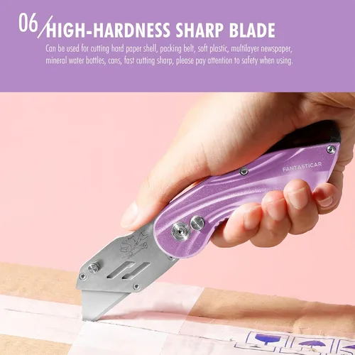 Vista 6 de FantastiCAR - Cuchillo plegable con caja para regalo, cuchillo utilitario de metal resistente con 5 cuchillas adicionales, cambio rápido