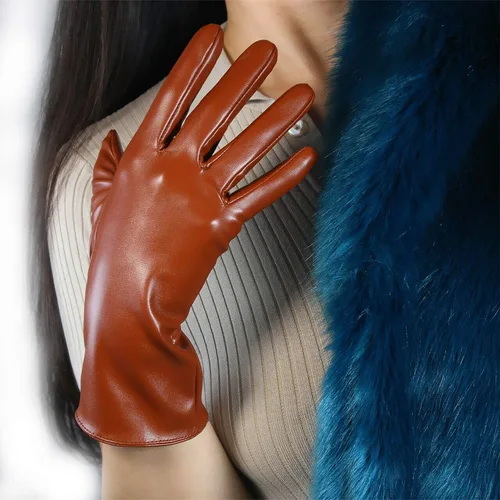 Vista 4 de DooWay Guantes de cuero para mujer, color marrón, piel sintética de cordero, para Halloween, vestido de noche, fiesta, guantes de dedo