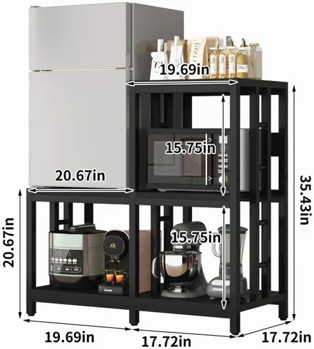 Vista 2 de Mini soporte para refrigerador con almacenamiento con toma de corriente, soporte para horno de microondas, estante para panaderos con estante