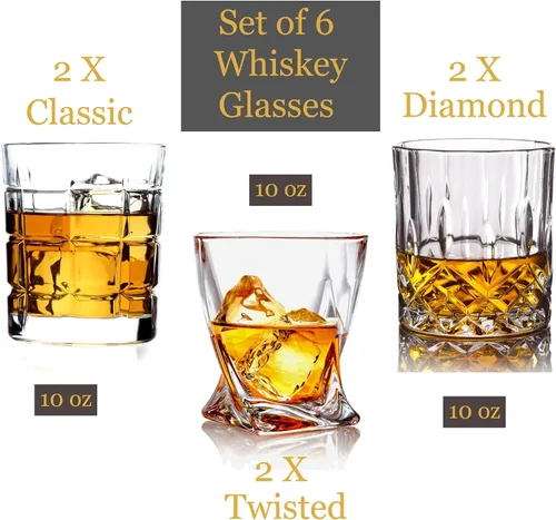 Vista 2 de Bezrat Juego de 6 vasos de whisky – Vasos de chupito multiestilo – Vasos escoceses de 10 onzas – Vasos de roca Barware para whisky, Bourbon, bebidas