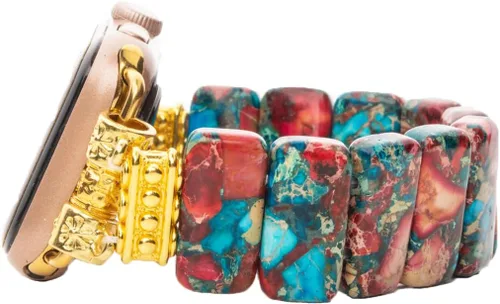 Vista 8 de Natural Stone Imperial Jasper Bracelet Beaded-Bands Compatibe with iWatch Series11 10 9 8 7 6 5 4 3 2 1, Handmade Elastic Stretch Beaded Strap For