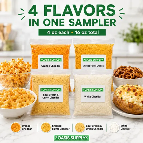 Vista 2 de Oasis Supply, Polvo de queso cheddar, muestreador de 4 onzas de cada cuatro sabores - 16 onzas en total