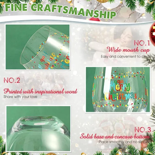 Vista 3 de 2 copas de vino sin tallo, taza divertida de 17 onzas con texto en inglés «Merry Christmas & New Year» – Regalos para mujeres, hombres, mamá, papá
