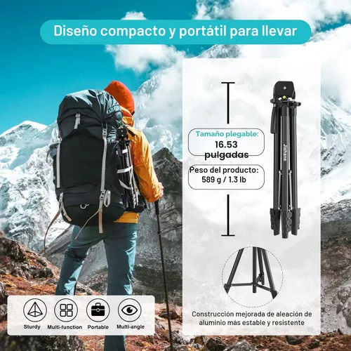 Vista 5 de Trípode para cámara de 71 pulgadas, trípode versátil para teléfono celular con soporte remoto inalámbrico para teléfono y bolsa de transporte