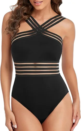 Vista 6 de Hilor - Traje de baño de una pieza para mujer parte delantera cruzada diseño con recortes