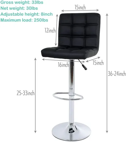 Vista 3 de Juego de 2 taburetes de bar de piel sintética con altura de mostrador, taburetes de bar ajustables en altura, silla de bar, taburete de cocina, Negro