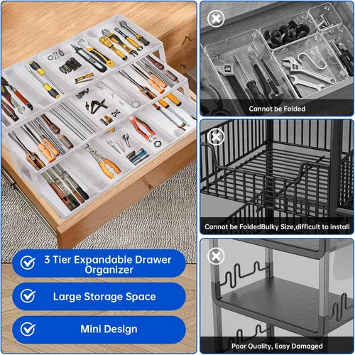 Vista 7 de Organizador de cajones inteligente de varios niveles, organizador de cajones de basura plegable ajustable para cocina, baño, oficina y dormitorio