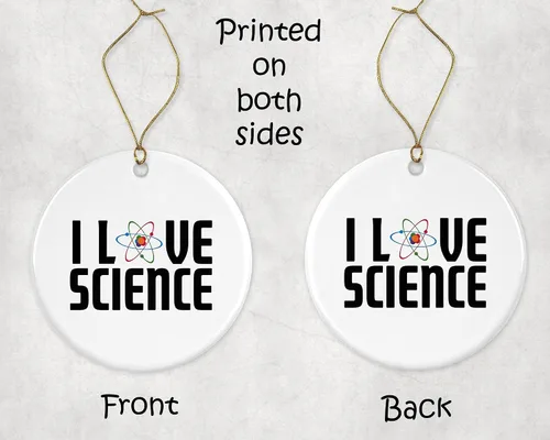 Vista 3 de I Love Science Atom – Adorno de Navidad – Adorno de Navidad – Adorno de cerámica – Regalo para ciencias naturales ama por él, su esposa marido