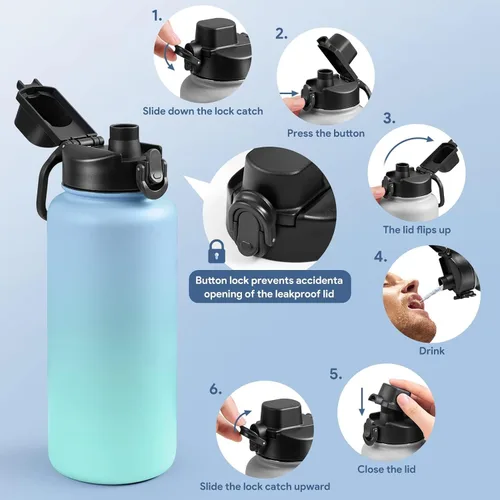 Vista 3 de Tapa de repuesto para botella de agua de boca ancha con mosquetón de bloqueo en forma de anillo en D, boquilla automática y bloqueo de botón