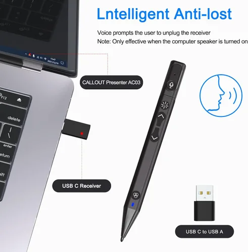 Vista 3 de Clicker para presentaciones de PowerPoint, TIBURN Presentation Clicker USB C tiene Spotlighting, Highlighting, Magnifying, Air Mouse, Mark