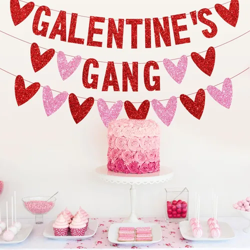 Vista 3 de 3 piezas de decoración del día de los galentinos, pancarta con purpurina de la banda de Galentine con guirnalda de corazón de amor, decoración