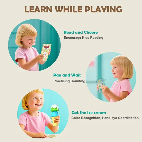 Vista 3 de Juego de helado para niños - Juguetes de simulación para niñas de 3 a 4 años Comida para mostrador de helados con delantal, cuchara, menú, dinero