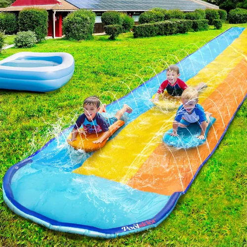 Vista 5 de POOLSIDER Tobogán acuático triple antideslizante y deslizante de 18 pies, 3 carriles azules, amarillos y naranjas con 3 tablas de bodyboard, diseño