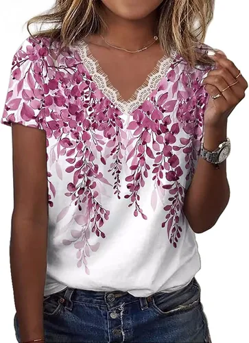 Vista 3 de Women Dry Fit Women Fashion Printing Shirts Lace V Neck Short Sleeve Tee Tops Tunic Blouse Yoga Tee