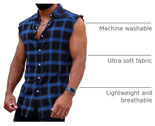 Vista 4 de Beotyshow Camisa de franela sin mangas con botones para hombre, camisas A: Azul