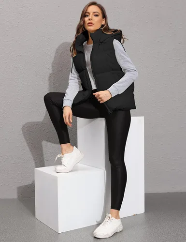 Vista 7 de Lentta Chaleco acolchado sin mangas para invierno cálido con capucha para mujer
