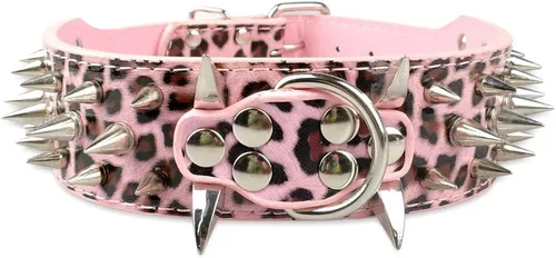 Vista 13 de Collar de perro con remaches de puyas afiladas 2 pulgadas de ancho, collares de cuero con estilo para perros medianos y grandes, Pitbull, Labrador