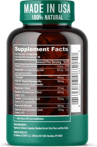 Vista 9 de Suplemento reductor de cortisol y apoyo suprarrenal – Alivio natural del estrés con Ashwagandha KSM-66, glicinato de magnesio y citrato, L-Teanina
